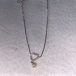 Majorica 8mm Pearl Cubic Zirconia Heart Sterling Silver 16” Necklace